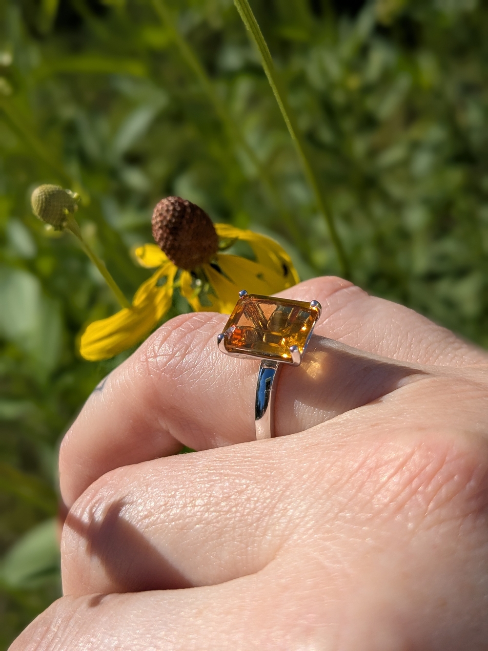 Sterling Silver Citrine Rectangular Ring - Yellow Gemstone